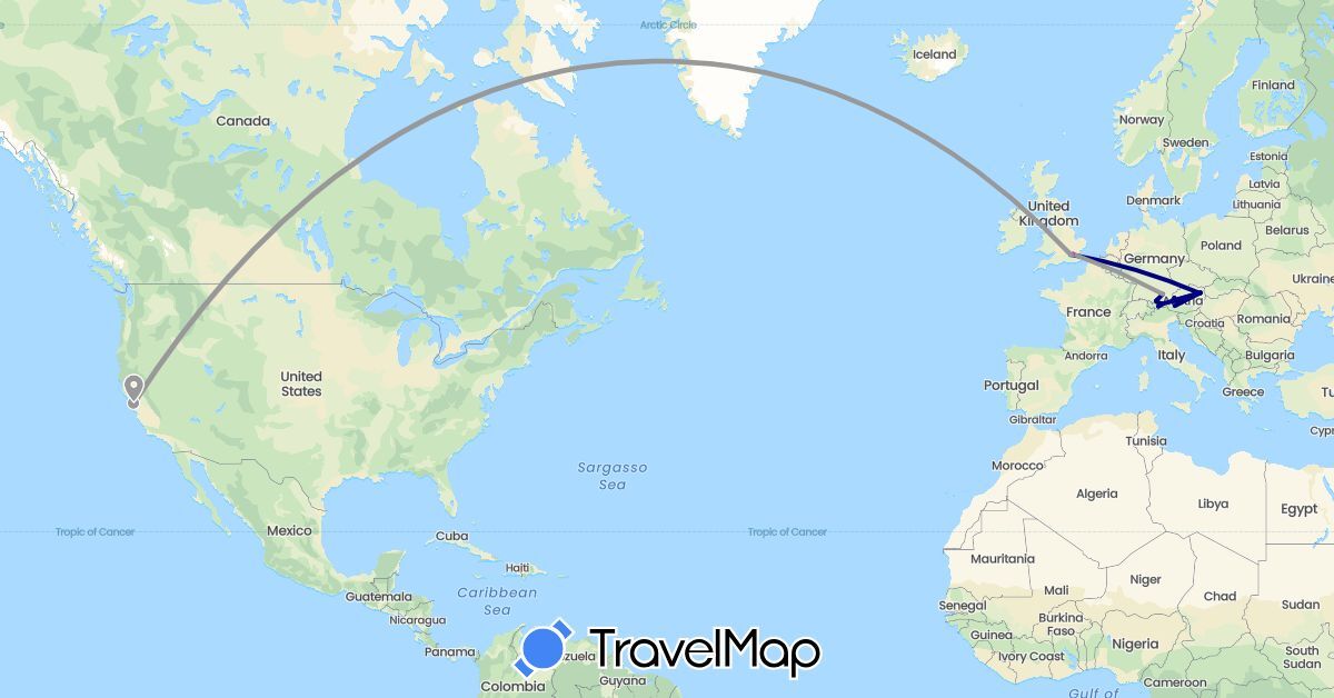 TravelMap itinerary: driving, plane, cycling, train in Austria, Germany, United Kingdom, United States (Europe, North America)
